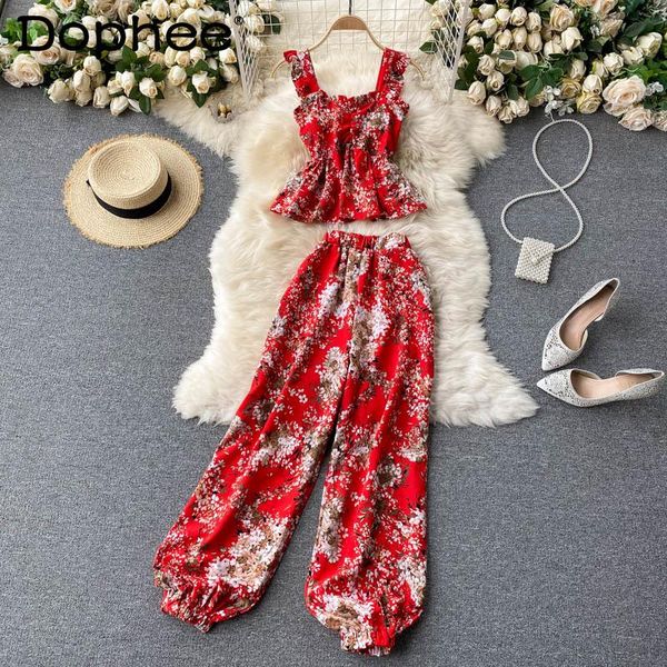 women's two piece pants elegant trousers suit vintage chic vacation sweet floral sling female high waist harem two-piece sets fashion, White 
women's two piece pants elegant trousers suit vintage chic vacation sweet floral sling female high waist harem two-piece sets fashion, White