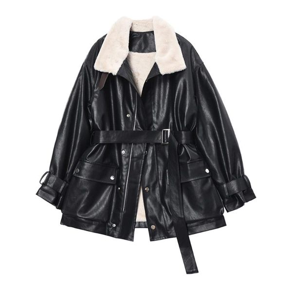 women's leather & faux lugentolo moto jacket women plus velvet thickening winter fashion warm belt pu coats, Black
women's leather & faux lugentolo moto jacket women plus velvet thickening winter fashion warm belt pu coats, Black