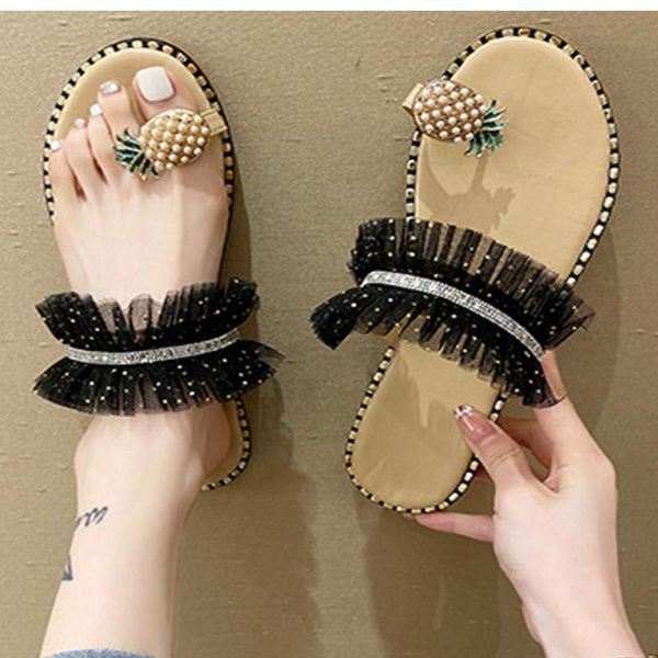 sandals women slipper pineapple pearl flat toe bohemian casual shoes beach ladies platform sandalias de mujer verano 2021, Black 
sandals women slipper pineapple pearl flat toe bohemian casual shoes beach ladies platform sandalias de mujer verano 2021, Black