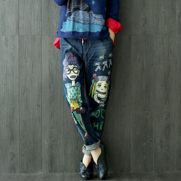 women cartoon personality hole loose denim trousers ladies elastic straight pants female character printing jeans women's, Blue
women cartoon personality hole loose denim trousers ladies elastic straight pants female character printing jeans women's, Blue