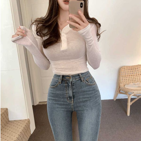 women's t-shirt korean slim summer t-shirts women v-neck long sleeve buttons sweet elastic soft shirts streetwear solid, White
women's t-shirt korean slim summer t-shirts women v-neck long sleeve buttons sweet elastic soft shirts streetwear solid, White