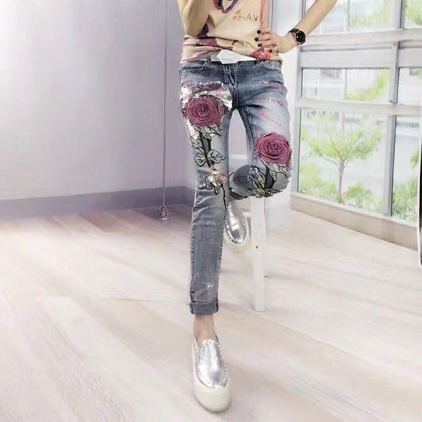 women's jeans painted bronzing denim pants europe beading trousers women vintage rose embroidery fashion sequins spring, Blue
women's jeans painted bronzing denim pants europe beading trousers women vintage rose embroidery fashion sequins spring, Blue
