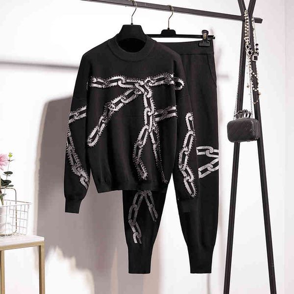 pant black knitted set women tracksuits manual beading chain print sweater pants two piece outfits female loose knit suit streetwear, White
pant black knitted set women tracksuits manual beading chain print sweater pants two piece outfits female loose knit suit streetwear, White