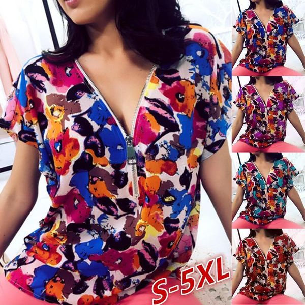 women's t-shirt 2021 summer v-neck zipper loose print short-sleeved, White 
women's t-shirt 2021 summer v-neck zipper loose print short-sleeved, White