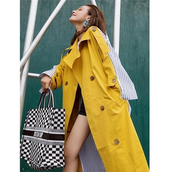 women's trench coats 2021 autumn winter patchwork striped windbreaker high waist long sleeve lace up coat female casual fashion, Tan;black