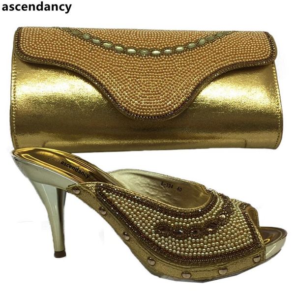 dress shoes fashion gold color matching and bag set decorated with rhinestone african women wedding, Black
dress shoes fashion gold color matching and bag set decorated with rhinestone african women wedding, Black