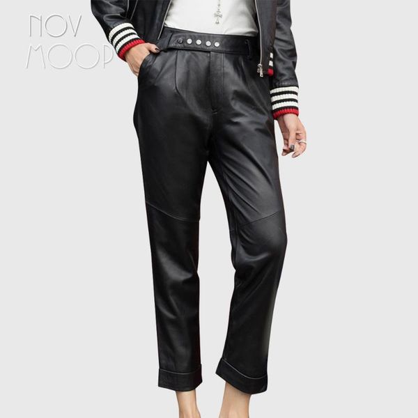 women's pants & capris novmoop winter black sheepskin genuine leather harem trousers women with button sashes decor pantalones mujer ca, Black;white
women's pants & capris novmoop winter black sheepskin genuine leather harem trousers women with button sashes decor pantalones mujer ca, Black;white