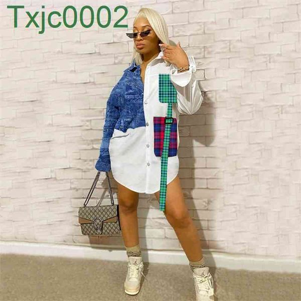 women long shirts patchwork dresses designer contrast stitching denim long-sleeved shirt dress one-piece skirt, White
women long shirts patchwork dresses designer contrast stitching denim long-sleeved shirt dress one-piece skirt, White