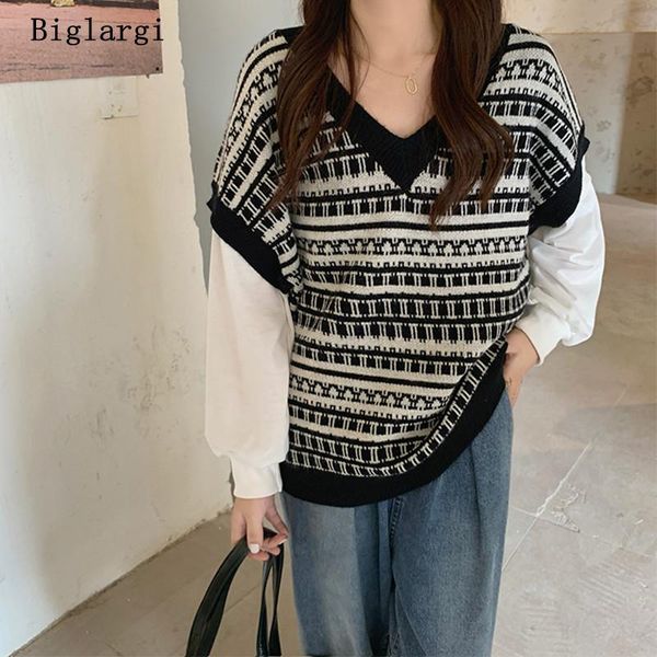 women's sweaters fake two 2 piece set vintage knitted sweater women lazy oaf loose pullover ladies long sleeve jumpers arrival, White;black
women's sweaters fake two 2 piece set vintage knitted sweater women lazy oaf loose pullover ladies long sleeve jumpers arrival, White;black