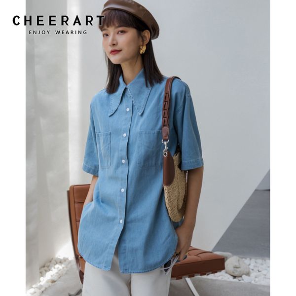 blue denim shirts women button up short sleeve summer jeans shirt collared casual and blouses korean clothes 210427, White
blue denim shirts women button up short sleeve summer jeans shirt collared casual and blouses korean clothes 210427, White