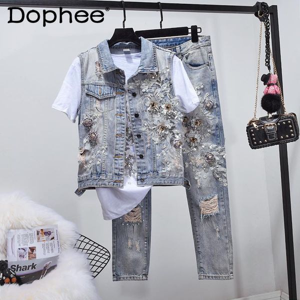 women's two piece pants 2021 european spring women's denim vest flower embroidery jeans waistcoat broken holes sets outfits, White
women's two piece pants 2021 european spring women's denim vest flower embroidery jeans waistcoat broken holes sets outfits, White