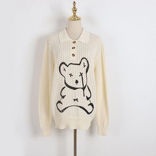 women's sweaters collar cartoon bear print t-shirt 2021 summer lapel hollow loose large short sleeve top, White;black
women's sweaters collar cartoon bear print t-shirt 2021 summer lapel hollow loose large short sleeve top, White;black