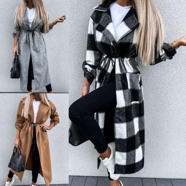 women's trench coats coat solid color grid turn-down collar tight waist long woolen jacket for autumn winter sleeve manteau, Tan;black
women's trench coats coat solid color grid turn-down collar tight waist long woolen jacket for autumn winter sleeve manteau, Tan;black
