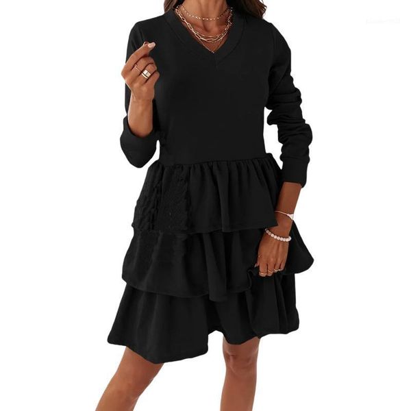 casual dresses 2021 women ruffled layered dress adults solid color v-neck long sleeve 3colors, Black;gray
casual dresses 2021 women ruffled layered dress adults solid color v-neck long sleeve 3colors, Black;gray