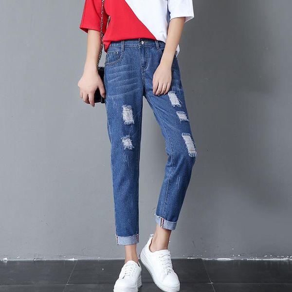 women's jeans women boy friend with holes elasitc waist straight denim girls ankle length ripped for plus size, Blue
women's jeans women boy friend with holes elasitc waist straight denim girls ankle length ripped for plus size, Blue