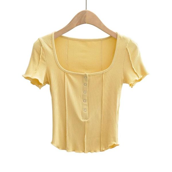 women's t-shirt stitch trim patchwork merrow hem slim fit square neck button casual top, White 
women's t-shirt stitch trim patchwork merrow hem slim fit square neck button casual top, White