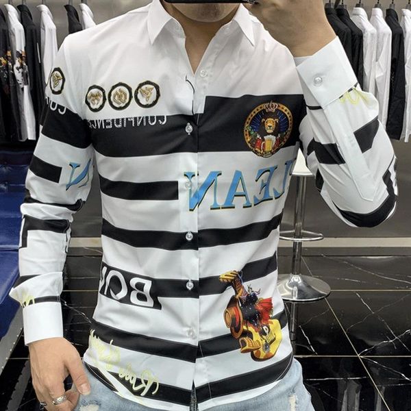 men's casual shirts fashion brand personality stripe printing dress shirt men trend slim all-match rhinestones formal for, White;black
men's casual shirts fashion brand personality stripe printing dress shirt men trend slim all-match rhinestones formal for, White;black
