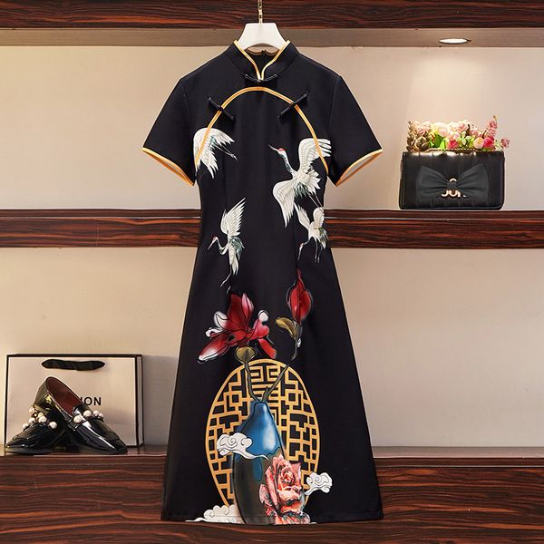 chinese cheongsam style summer elegant women's short sleeves black slim vintage crane print dress female dresses 210519, Black;gray
chinese cheongsam style summer elegant women's short sleeves black slim vintage crane print dress female dresses 210519, Black;gray