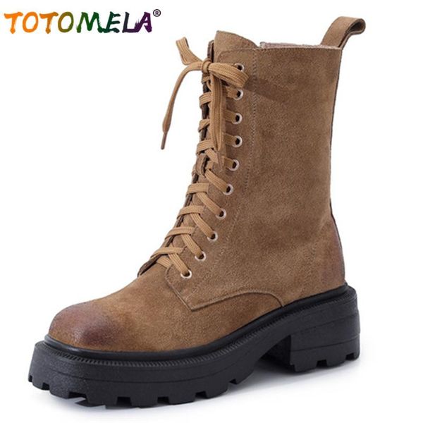 boots totomela suede leather motorcycle women round toe autumn winter thick bottom casual shoes ankle, Black