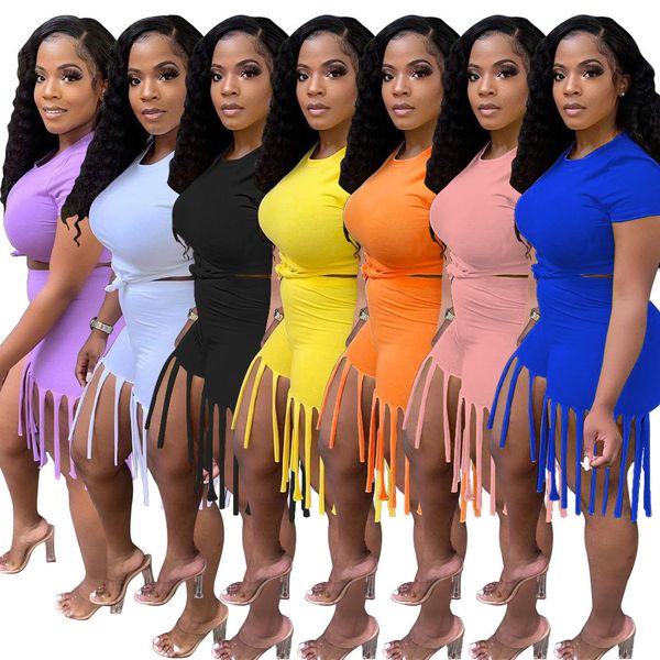 2021 knotted tassels hem plus size and shorts set women short sleeves tassel knotless short sets two piece summer outfits, White 
2021 knotted tassels hem plus size and shorts set women short sleeves tassel knotless short sets two piece summer outfits, White