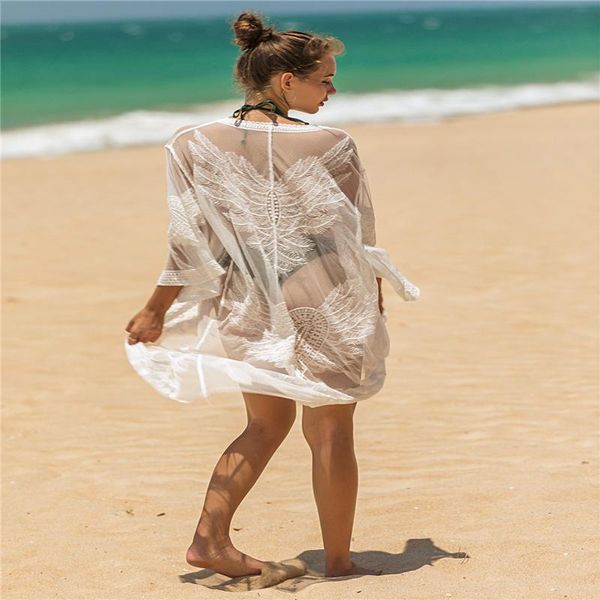 women embroidered see-through belted cover-ups, adults three-quarter sleeve v-neck lace cardigan summer beach clothes women's swimwear, White;black
women embroidered see-through belted cover-ups, adults three-quarter sleeve v-neck lace cardigan summer beach clothes women's swimwear, White;black