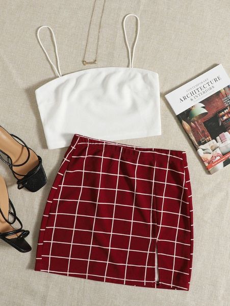 solid cami & split hem grid skirt set 544o#, White