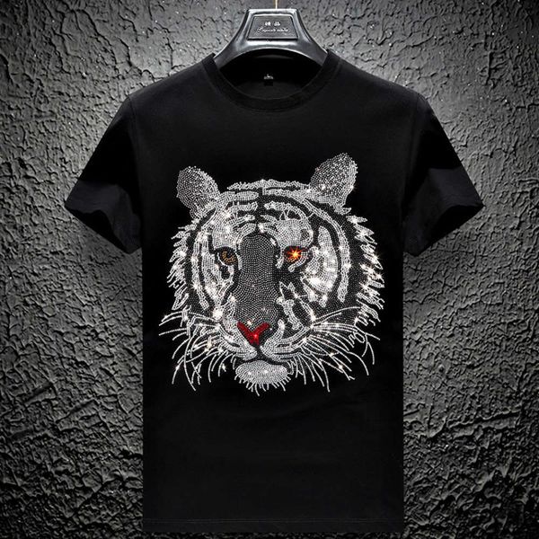short sleeve t-shirt men's korean slim tiger head drilling mercerized cotton trend large round neck half, White;black
short sleeve t-shirt men's korean slim tiger head drilling mercerized cotton trend large round neck half, White;black