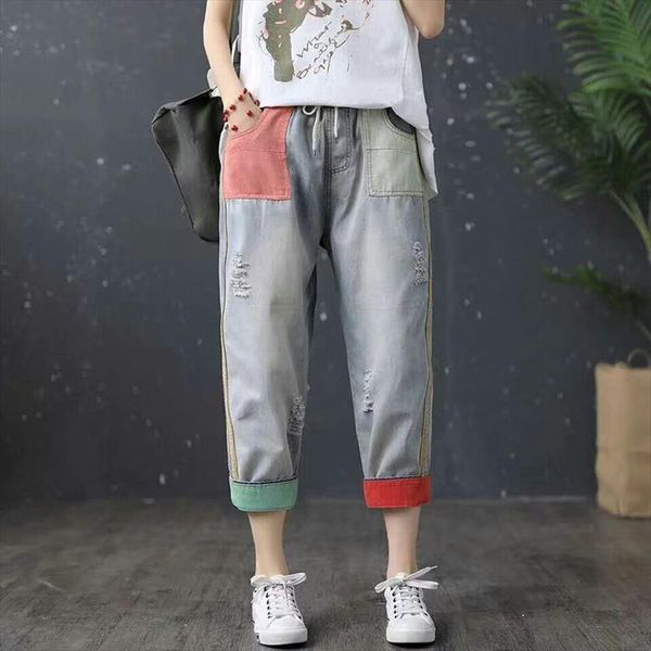 summer arts style loose women jean casual cotton calf length denim harem pants elastic waist patchwork vintage jeans s831, Blue
summer arts style loose women jean casual cotton calf length denim harem pants elastic waist patchwork vintage jeans s831, Blue