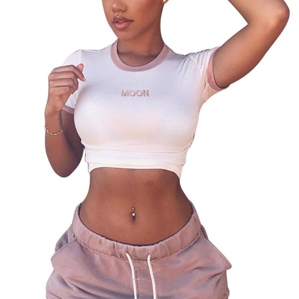women's t-shirt fashion letter embroidery crop young girls color block casual style garments, White
women's t-shirt fashion letter embroidery crop young girls color block casual style garments, White