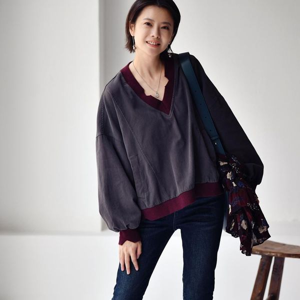 women's hoodies & sweatshirts micoco r5253c literature and art leisure do old broken edge spell color loose temperament v collar head s, Black
women's hoodies & sweatshirts micoco r5253c literature and art leisure do old broken edge spell color loose temperament v collar head s, Black