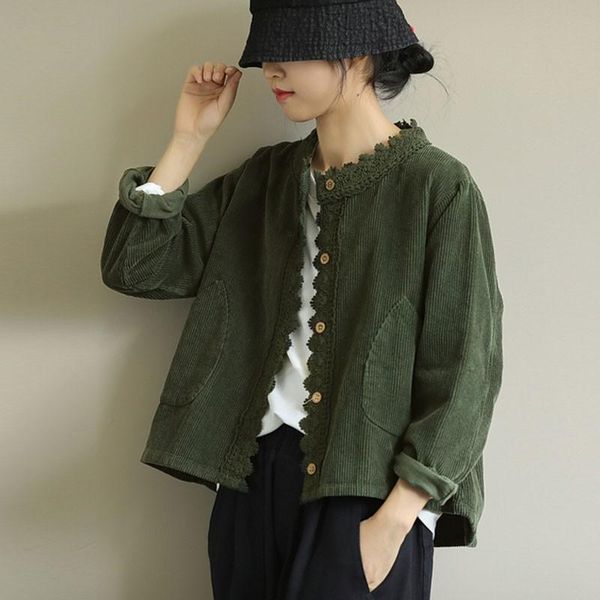 retro patchwork lace pockets corduroy long sleeve coats 2021 autumn women single breasted solid color coat women's jackets, Black;brown
retro patchwork lace pockets corduroy long sleeve coats 2021 autumn women single breasted solid color coat women's jackets, Black;brown