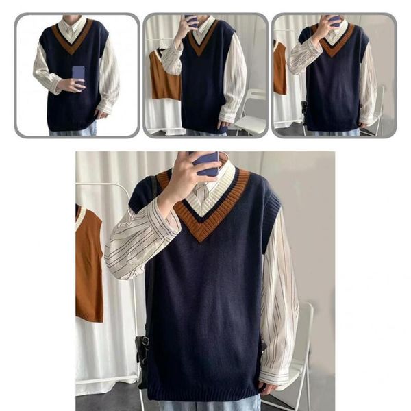 men's vests preppy style great stitching student vest elastic sweater stripe for daily wear, Black;white
men's vests preppy style great stitching student vest elastic sweater stripe for daily wear, Black;white
