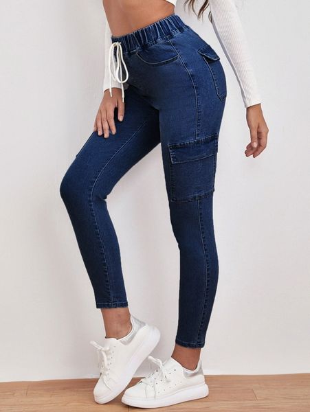 drawstring waist flap pocket jeans 63oo#, Blue
drawstring waist flap pocket jeans 63oo#, Blue