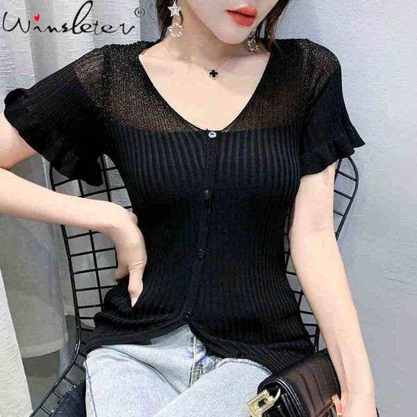 women's t-shirt summer european style knitted thin chic v-neck irregularity button ruffles shiny women tees 2021 t13122a, White
women's t-shirt summer european style knitted thin chic v-neck irregularity button ruffles shiny women tees 2021 t13122a, White