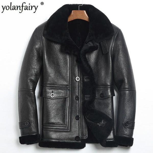 

men's leather & faux jacket men real fur coat winter sheep shearling warm wool jackets jaqueta de couro 185-1 yy708, Black