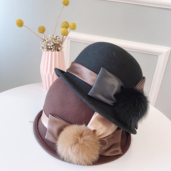wide brim hats for women autumn winter hat irregular wool felt fedora bow fur ball dome bucket keep warm cap female, Blue;gray
wide brim hats for women autumn winter hat irregular wool felt fedora bow fur ball dome bucket keep warm cap female, Blue;gray