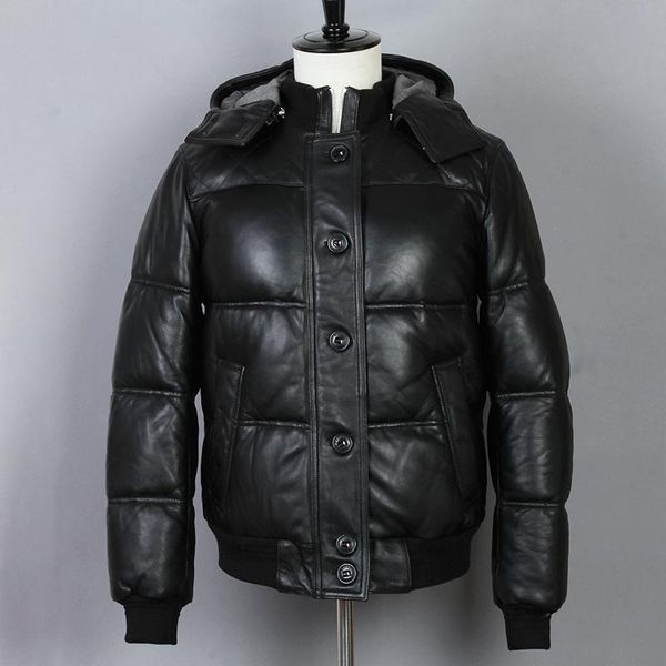 men's leather & faux winter genuine jacket detachable hooded thick sheep real down clothing, Black
men's leather & faux winter genuine jacket detachable hooded thick sheep real down clothing, Black