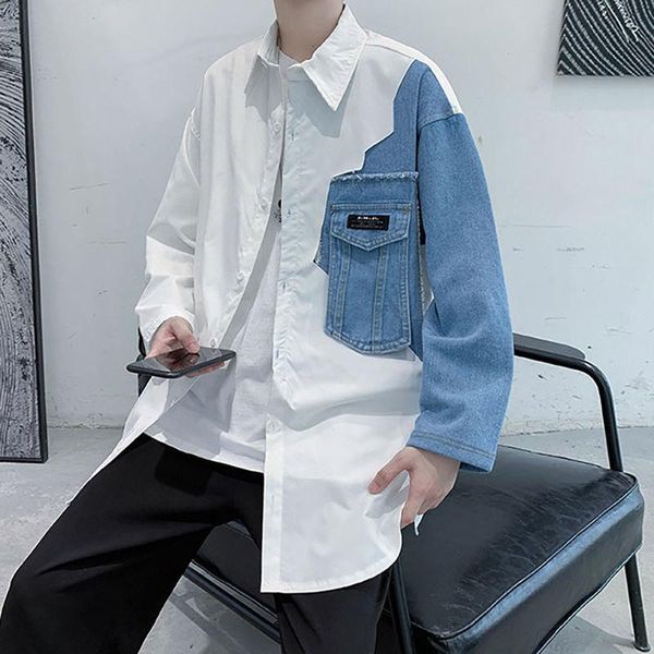 men's dress shirts men shirt boys' autumn fashion korean casual loose high street denim splicing long sleeve camisa streetwear che, White;black
men's dress shirts men shirt boys' autumn fashion korean casual loose high street denim splicing long sleeve camisa streetwear che, White;black