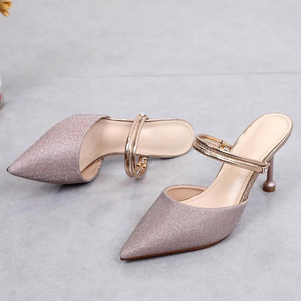summer women 8.5cm high heels slides female gradient glitter bling mules silver slippers lady scarpins sandals shoes, Black 
summer women 8.5cm high heels slides female gradient glitter bling mules silver slippers lady scarpins sandals shoes, Black