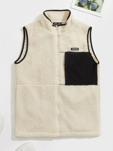 men color block letter patched contrast binding teddy vest jacket q0o9#, Black;brown
men color block letter patched contrast binding teddy vest jacket q0o9#, Black;brown