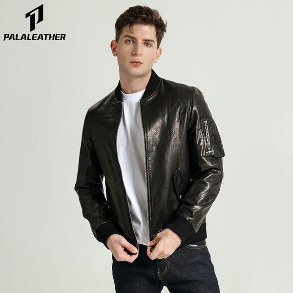 men's leather & faux embroidered vegetable tanned goatskin baseball jacket with sleeve pocket, Black
men's leather & faux embroidered vegetable tanned goatskin baseball jacket with sleeve pocket, Black