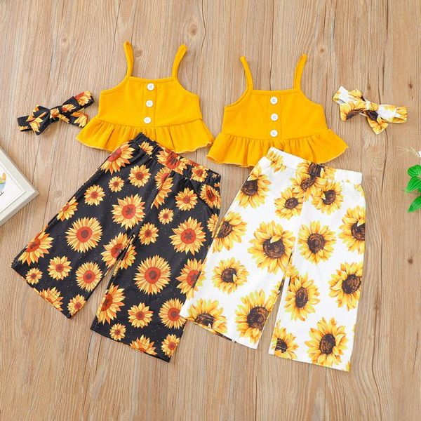 fashion summer children's girls clothes ribbed sling vest sunflower printed trousers hair band 3pcs suit for kids clothing sets, White
fashion summer children's girls clothes ribbed sling vest sunflower printed trousers hair band 3pcs suit for kids clothing sets, White