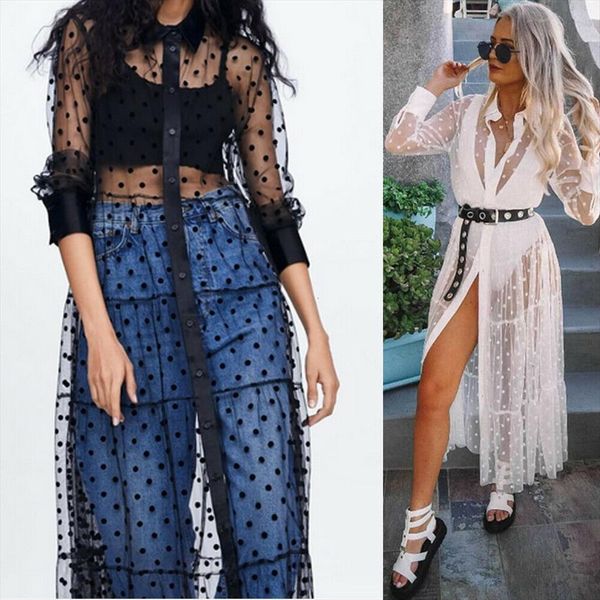 polka dot blouse long summer womens dress boho mesh see through ruffles maxi sleeve women fashion, Black;gray 
polka dot blouse long summer womens dress boho mesh see through ruffles maxi sleeve women fashion, Black;gray