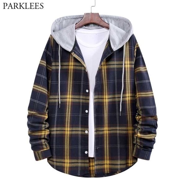 men's plaid hooded shirts spring long sleeve lightweight shirt jacket men casual button down blouse chemise homme 210522, White;black
men's plaid hooded shirts spring long sleeve lightweight shirt jacket men casual button down blouse chemise homme 210522, White;black