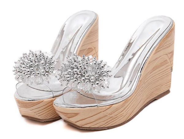 slippers summer bling rhinestone beads decor wood pattern wedge slipper transparent pvc slip-on lady roman peep toe outside slide shoes, Black 
slippers summer bling rhinestone beads decor wood pattern wedge slipper transparent pvc slip-on lady roman peep toe outside slide shoes, Black