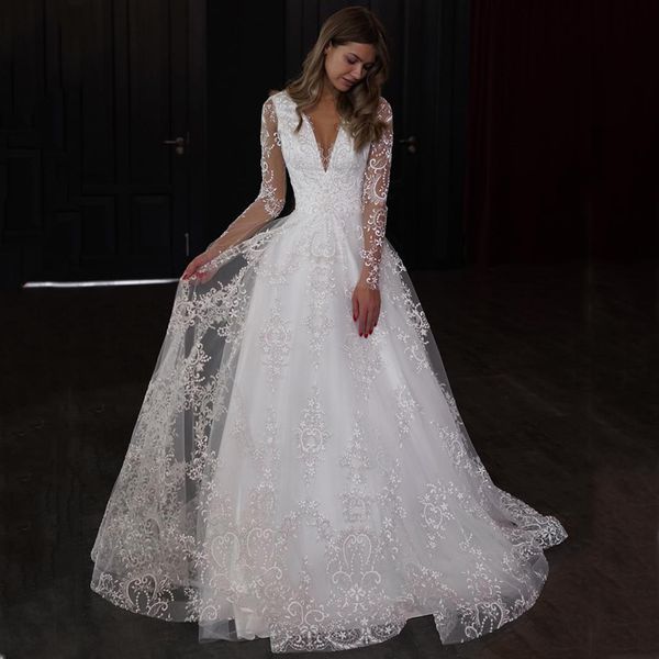 customized long sleeves a line lace wedding dresses sweep train v neck tulle summer plus size bridal gowns vestios de novia, White
customized long sleeves a line lace wedding dresses sweep train v neck tulle summer plus size bridal gowns vestios de novia, White