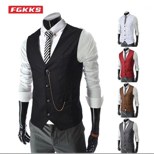men's vests fgkks spring autumn suit vest men solid color sleeveless with metal chain business casual gentleman male, Black;white
men's vests fgkks spring autumn suit vest men solid color sleeveless with metal chain business casual gentleman male, Black;white