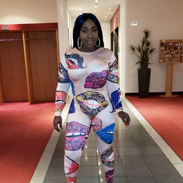 2021 new2019 new fashion lips digital printing slim jumpsuit, White
2021 new2019 new fashion lips digital printing slim jumpsuit, White