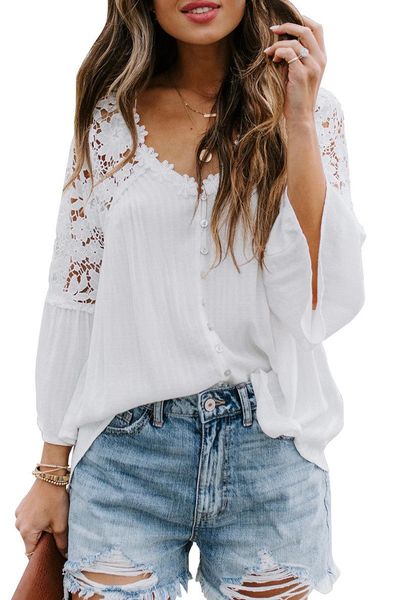 women's blouses & shirts womensolid color lace blouse v-neck long flare sleeve pullover hollow out blouse loose summer elegant plus siz, White
women's blouses & shirts womensolid color lace blouse v-neck long flare sleeve pullover hollow out blouse loose summer elegant plus siz, White