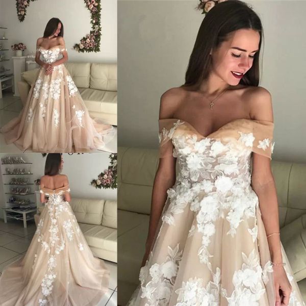 2022 champagne wedding dresses beach bridal gown sleeveless off the shoulder 3d floral applique custom made sweep train tulle vestidos de no, White
2022 champagne wedding dresses beach bridal gown sleeveless off the shoulder 3d floral applique custom made sweep train tulle vestidos de no, White